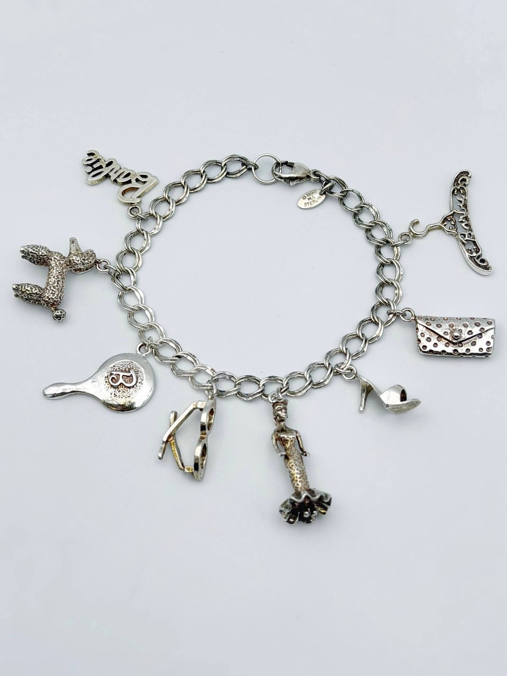 Vintage 1990 Mattel Inc 925 Sterling Silver Barbie 8 Charm Bracelet 8” 6mm